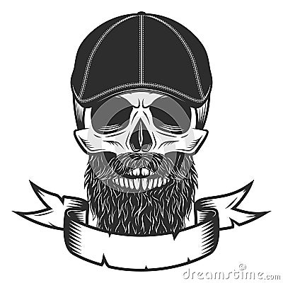 Skull with beard and mustache in gangster gatsby tweed hat flat cap with ribbon vintage vector illustration Vector Illustration