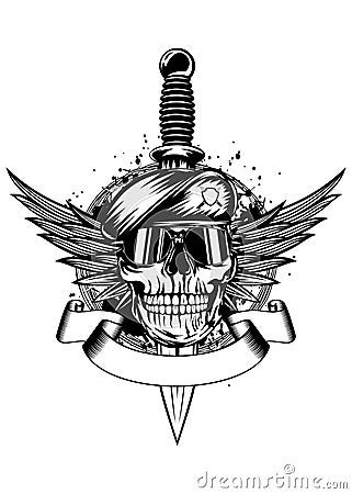 Skull in beret, wings and dagger Vector Illustration