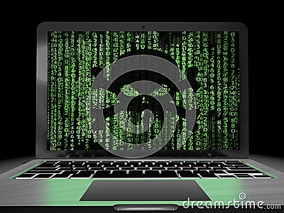 Skull and binary code on a laptop monitor Stock Photo