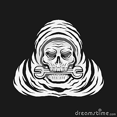 Skull bite the wrench. Skeleton repairman with hat. Vintage logo vector illustration. Vector Illustration