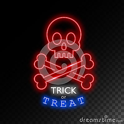 Skull with bones neon sign.Trick or treat. Halloween bright signboard, light banner. Logo, label, emblem. Vector Vector Illustration