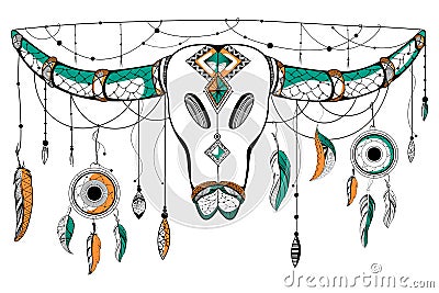 Skull of bull in Tribal boho style background Vector Illustration