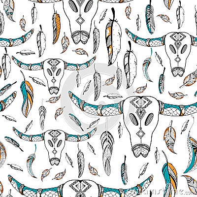 Skull of bull in Tribal boho style seamless pattern Vector Illustration