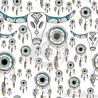 Skull of bull in Tribal boho style seamless pattern Vector Illustration