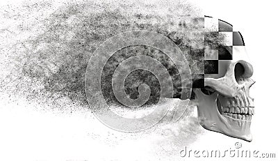 Skull with checkered flag on the cranium disintegrating into dust Stock Photo