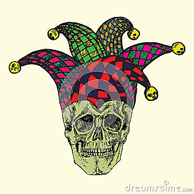 Skull in checkered jester hat, hand drawn doodle, sketch in woodcut style Cartoon Illustration