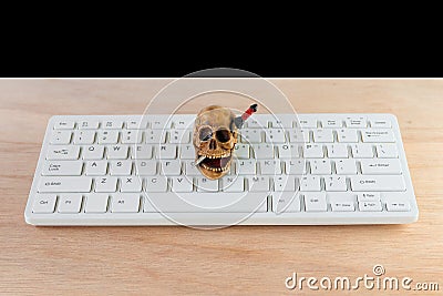 Skull on computer keyboard white over wooden floor. Halloween concept background with copy space add text Stock Photo