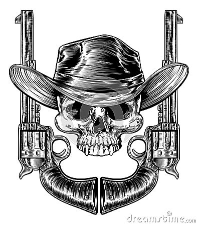 Skull Cowboy Hat and Guns Vector Illustration