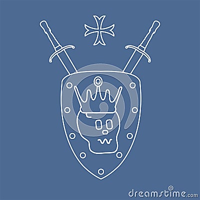Skull, crown, shield, two crossed swords, cross. Vector Illustration