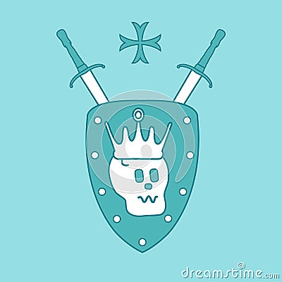 Skull, crown, shield, two crossed swords, cross. Vector Illustration