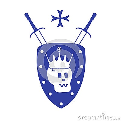 Skull, crown, shield, two crossed swords, cross. Vector Illustration