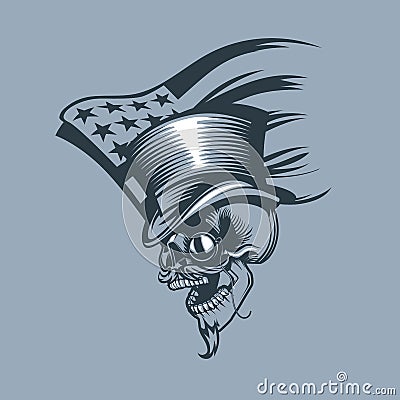 Skull in a Cylinder and pince-nez against the background of a patched US flag Vector Illustration