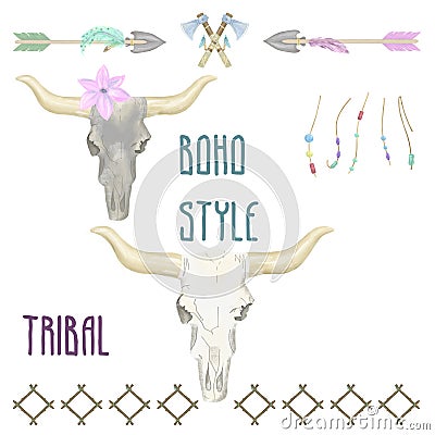 Skull digital art bone cow head tribal bull ox buttress calf boho style illustration geometric on white background Cartoon Illustration