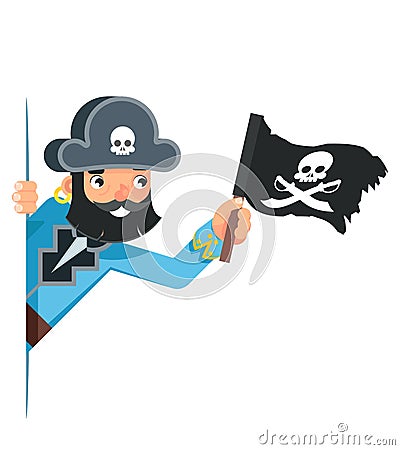 Skull flag sea dog pirate buccaneer filibuster corsair look out corner concept cartoon character flat design vector Vector Illustration