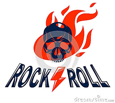 Skull in a flames Hard Rock music vector logo or emblem, aggressive skull dead head on fire Rock and Roll label, Punk festival Vector Illustration