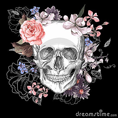 Skull and Flowers Day of The Dead Vector Illustration