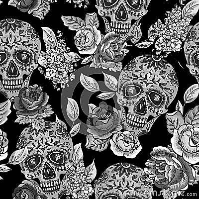 Skull and Flowers Monochrome Seamless Background Vector Illustration