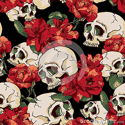 Skull and Flowers Seamless Background Vector Illustration