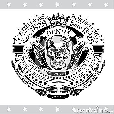 Skull front view in center of line pattern and bend arrows. Vintage label isolated Vector Illustration