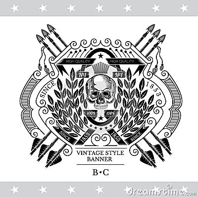 Skull front view in center oval wreath with cross arrows. Heraldic vintage label isolated Vector Illustration