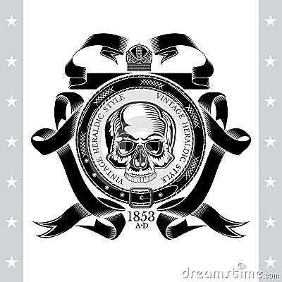 Skull front view in center of round belt and winding ribbon pattern. Heraldic vintage label isolated on white Vector Illustration