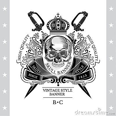 Skull front view without lower jaw in center floral line pattern and winding ribbon with cross sabers behind. Heraldic vintage lab Vector Illustration