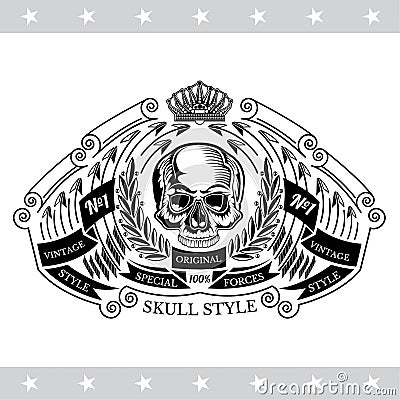 Skull front view without a lower jaw in center between wreath and bend arrows. Heraldic vintage label isolated Vector Illustration