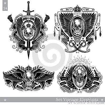 Skull front view between wings and diferent element around. Set of vintage banners on white Vector Illustration