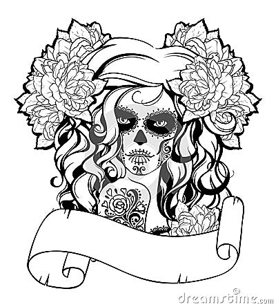 Skull girl in a flower wreath Vector Illustration