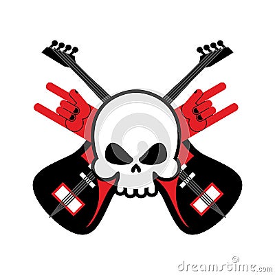 Skull with guitars and rock hand symbol. Logo for rock band. Log Vector Illustration