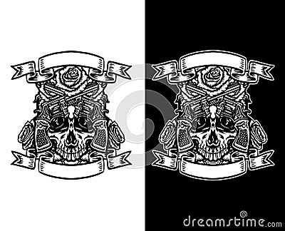 Skull with guns and roses, isolated on dark and bright background Vector Illustration