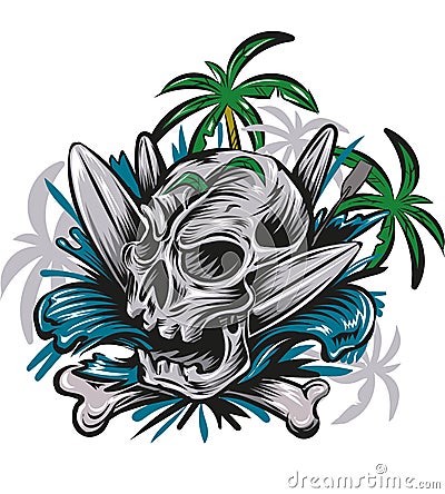 Skull head on the beach with a surfboard Vector Illustration