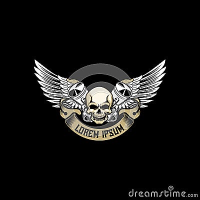 Skull head with cross piston with wing vector for automotive or motorcycle club logo badge template Vector Illustration