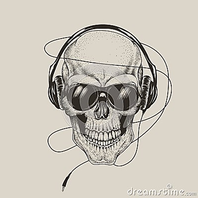 Skull in headphones listen a music Vector Illustration