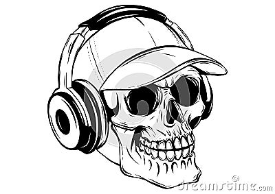 Skull with headphones listening to music drawing Vector Illustration