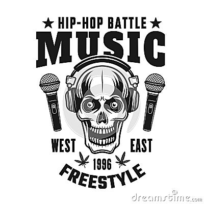 Skull in headphones vector hip-hop music emblem Vector Illustration