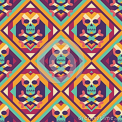 Skull and heart on colored geometric background - seamless vector pattern. Abstract geometric seamless vector background. Vector Illustration