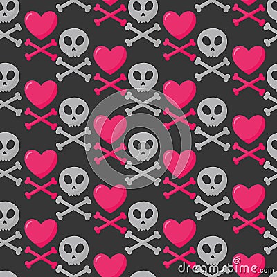 Skull, heart and crossbones seamless pattern Cartoon Illustration
