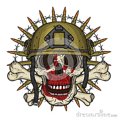 Skull in helmet. T-shirt print concept. Soldier skull. Vector illustration. Cartoon Illustration
