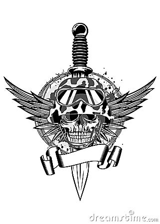 Skull in helmet, wings and dagger Vector Illustration