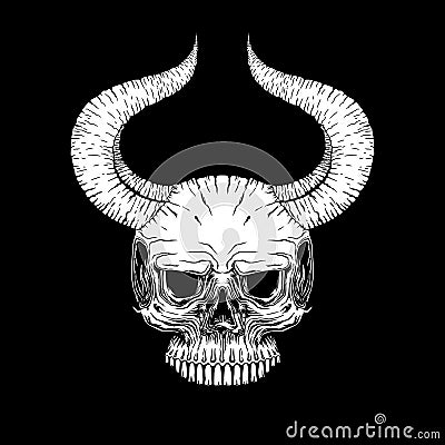 Skull horn face illustration vector, mysticism, tattoo. Handmade Vector Illustration