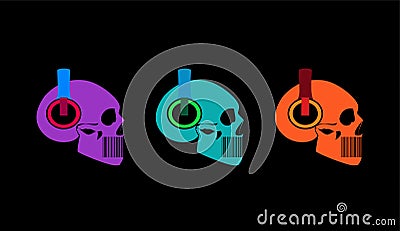 Skull icons with headphones, halftone neon color background Stock Photo