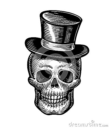 Skull or jolly Roger in hat-cylinder. Joker sketch. Vintage vector illustration Vector Illustration