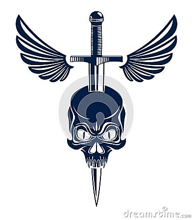 Skull killed by a dagger knife with wings vintage vector emblem or logo isolated on white, vintage style coat of arms crest, gang Vector Illustration