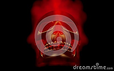 Skull looks up in colorful fire. Demonic sight. Scaring halloween picture Stock Photo