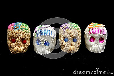 Candy in the shape of a skull made of sugar and amaranth to decorate the offering with candles for the Day of the Faithful Dead an Stock Photo