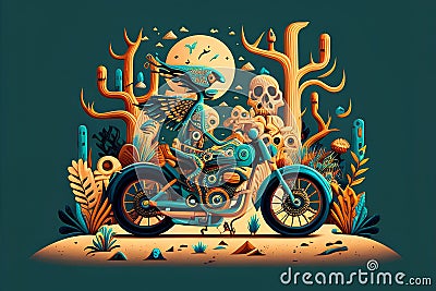 Skull motorcycle in the desert. Vector illustration for your design. Cartoon Illustration