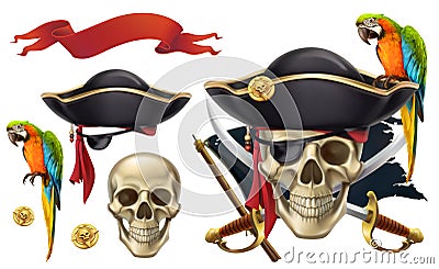 Skull and parrot. Pirate emblem. vector icon set Vector Illustration