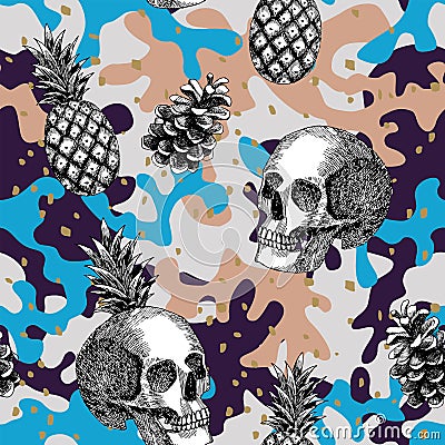 Skull pineapple cone military background Vector Illustration