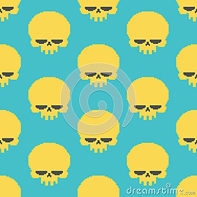 Skull pixel art seamless pattern. head of skeleton pixelated background. Retro 8 bit texture Vector Illustration